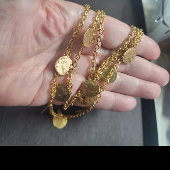 N167  3 Strand Polished Disc Station Charm Link Necklace - Picture 4 of 6